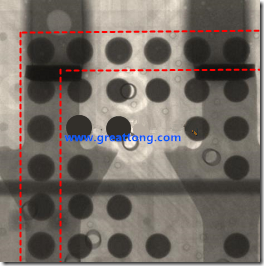 BGA錫球尺寸小于0.4mm，采用降低BGA內圍襲球的錫膏量所得到X-Ray，稍微留意一下可以發(fā)現(xiàn)最外圈的錫量(圓的直徑)比其他內圍的錫球上的錫量來得多一點點。也就是外圈的黑色圓形直徑比內圈的圓形來得大一點點。