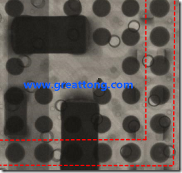 BGA錫球尺寸小于0.4mm，采用降低BGA內圍襲球的錫膏量所得到X-Ray，稍微留意一下可以發(fā)現(xiàn)最外圈的錫量(圓的直徑)比其他內圍的錫球上的錫量來得多一點點。也就是外圈的黑色圓形直徑比內圈的圓形來得大一點點。