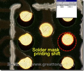 電路板BGA下面的防焊層印刷偏移，造成焊墊大小不一致。