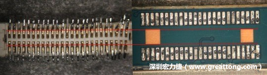 把板對板連接器與其電路板的佈線焊墊作一個比較，端子的切斷面有毛邊的地方剛好對到了裸銅區(qū)。