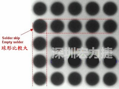 現(xiàn)在我畫幾條直線你再看看是否有發(fā)現(xiàn)那一顆BGA的錫球比較大，有空焊的可能？