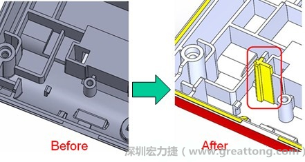 既然知道可能的問題出在電路板變形量過大，于是在電路板上黏貼應(yīng)力計(jì)(Stress Gauge)然后先量測未改善前的應(yīng)力數(shù)據(jù)。改善方法是在BGA的附近新增機(jī)溝肋柱(rib)來頂住電路板以降低電路板在落下時(shí)的變形量。