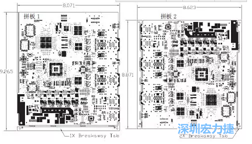 如圖7所示是使用不同數(shù)量邊條的拼板，拼板1僅使用了一個(gè)邊條，直接利用PCB另一邊作為SMT工藝傳送邊，并且PCB圖形中有合適的安裝孔；而拼板2則是按常規(guī)設(shè)計(jì)了兩個(gè)邊條。拼板方式為連接筋。圖中“Breakaway Tab”指邊條-深圳宏力捷