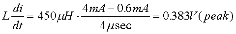 舉例來說，一個閘在"ON"而載有4mA的電流時，突然開關(guān)切到"OFF"且現(xiàn)在載有0.6mA的電流，假設(shè)開關(guān)時間為4msec，載有450mH的電感信號的導(dǎo)體，此時所產(chǎn)生的電壓突波為