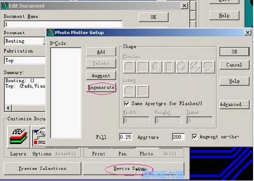 當(dāng)Gerber和鉆孔都設(shè)置完后，選擇一貼片元件較多的層（一般為Top層），點(diǎn)擊Device SetupPhoto，將 Plotter Setup窗口D-Code欄原有的D碼刪除并按Regenerate重新生成