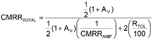 方程式1是從理想運(yùn)算放大器的CMRR等式中匯出，其中CMRRAMP被假定為非常大(無(wú)窮大)。