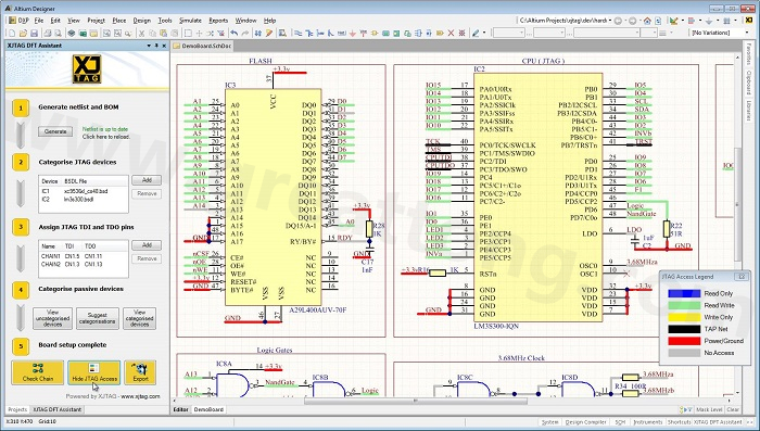 XJTAG DFT Assistant的Access Viewer模式可以清楚地顯示可用的測(cè)試存取層級(jí)，讓電路板設(shè)計(jì)人員在展開PCB布局以前的原理圖擷取階段盡可能地提高測(cè)試存取能力