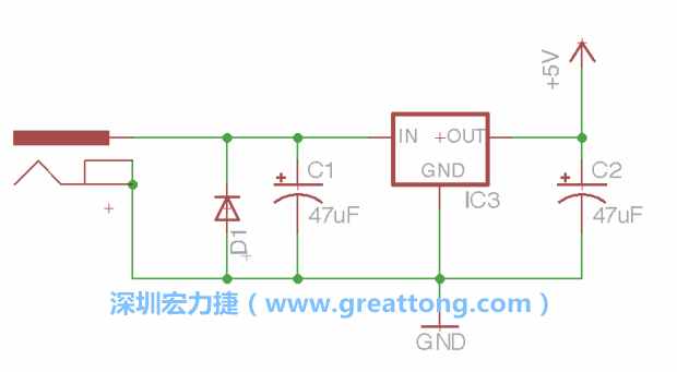 新增RBBB→Power_Jack，將它放在電壓調(diào)整器的輸入端旁邊。