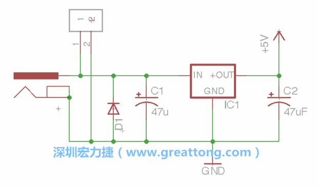 2.5.    新增一個(gè)二極體，它會(huì)以水平的狀態(tài)出現(xiàn)在屏幕上，請(qǐng)使用「旋轉(zhuǎn)（Rotate）」工具把它負(fù)極那一面朝上，并且用「網(wǎng)絡(luò)連接」工具將它連接在電壓調(diào)整器的輸入端和接地端之間。