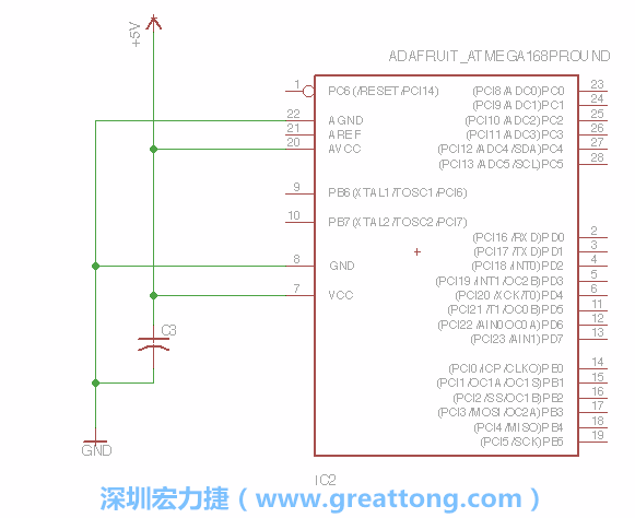 3.1.    新增微控制器晶片（RBBB → ATmega），把它放在電路原理圖的中央附近，把它的兩個接地接頭連接到接地訊號端。