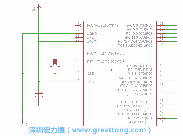 3.2.    在靠近ATmega的電源供應(yīng)針腳7的位置放置一個0.1μF的電容，將它分別連接電源、接地端和針腳7。