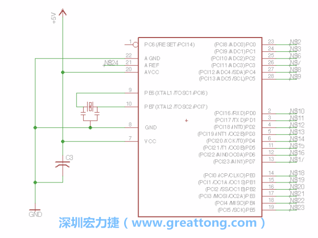 3.3.    將共鳴器（resonator）放置在針腳9和針腳10附近，將它的三個針腳連接如圖所示，并確認(rèn)最中間的針腳有連到接地端。