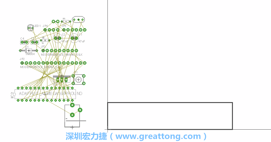 第一次執(zhí)行布線編輯器時(shí)，你會(huì)發(fā)現(xiàn)有兩個(gè)區(qū)塊，左邊的區(qū)塊非?；靵y，而右邊的區(qū)塊則是一個(gè)長(zhǎng)方形的工作區(qū)域，EAGLE免費(fèi)版會(huì)限制你的工作區(qū)域在4” x 3.2”的范圍內(nèi)，如果你試圖將元件擺放在工作區(qū)外的話，就會(huì)跳出警示訊息。