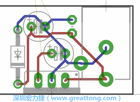 接地連結(jié)點(diǎn)的布線情形如下圖所示，利用這個(gè)練習(xí)來避免電路連線銳角化的產(chǎn)生是一個(gè)不錯(cuò)的選擇，你可以在工具列中的彎曲線路（Wire Bend）選項(xiàng)里改變各種布線的變化。