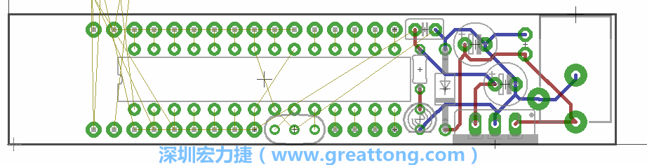 將ATmega微控制器、三個(gè)GPIO排針（JP2, JP3, JP4）和諧振器（resonator）排置如上圖所示。