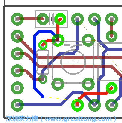 要在電路板正面進(jìn)行+5V信號(hào)線連結(jié)和其他連結(jié)點(diǎn)的布線工作是非常容易的，而重置信號(hào)線（信號(hào)線用來連結(jié)電路板正面左邊的重置開關(guān)）需要經(jīng)過一個(gè)可以通過電路板正反兩面的電路通道，這個(gè)通道是一個(gè)可以讓電路板正反兩面線路連接的一個(gè)小孔。