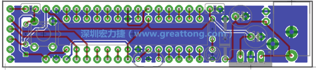 第二篇文章則帶領(lǐng)你進(jìn)行電路板上的布線、連結(jié)點(diǎn)的配置，并利用「設(shè)計(jì)規(guī)則檢查（Design Rule Check）」測(cè)試你的設(shè)計(jì)，第二篇文章的電路板設(shè)計(jì)圖將如下所示：