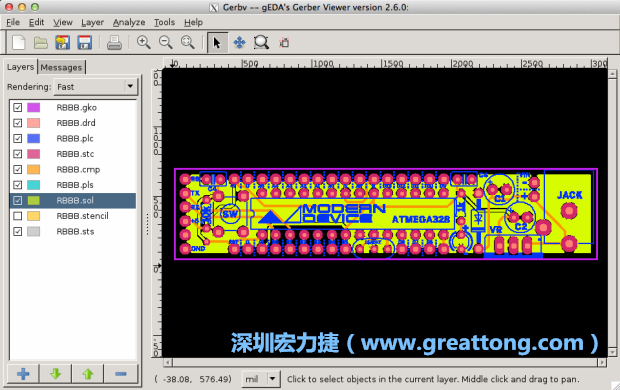 將圖層匯入你的Gerber預(yù)覽工具內(nèi)（下圖為Gerbv），我通常會(huì)從上到下重新排列它們的順序，好讓我比較好校對(duì)：