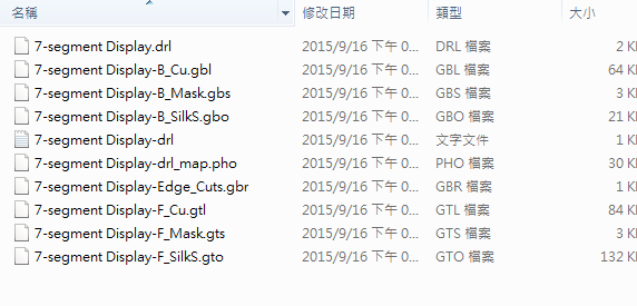 所謂Gerber檔，其實是包含一群檔案 (如下圖所示)，如包含正反面銅箔層 F.Cu B.Cu.，正反面文字面 F.Silkscreen ，B.Silkscreen，防焊層 SolderMask、板邊裁切Edge.Cuts 等。