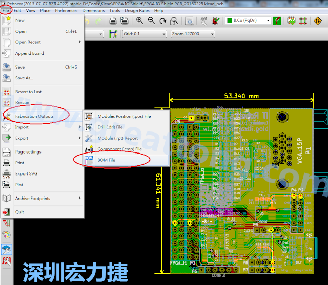 在Kicad的PCB Editor, 點(diǎn)選 File->Fabrication Outputs->BOM File, 即可產(chǎn)生一個 .csv 的Excel 檔案。