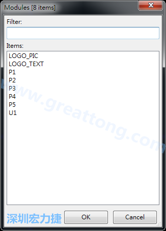 從目前正在編輯的PCB載入Module， 會顯示有那些項目可載入。點選一個， OK后即完成載入