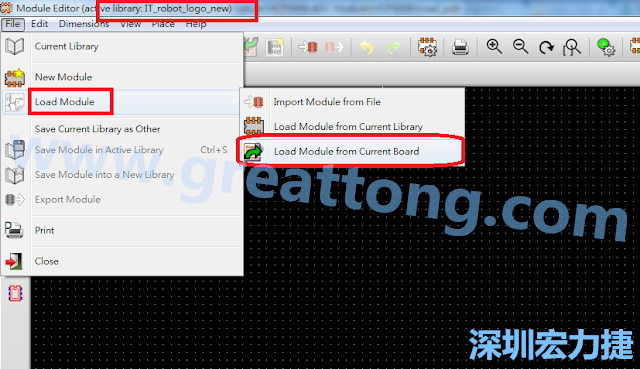 進入Module Editor去載入其他Footprint(Module)進來， 從目前的Active library (不過要先選取一個Current library ) 載入Module 或從目前正在編輯的PCB載入Module。