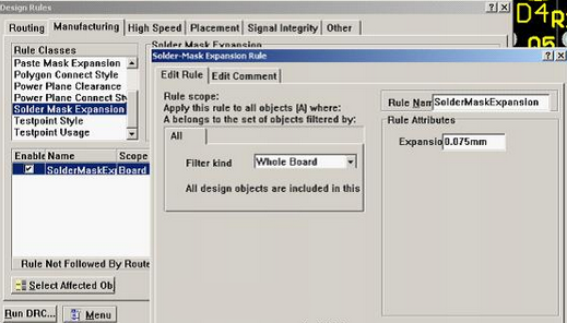 5. 而對于阻焊的調(diào)整則可以通過按D、R調(diào)出[Manufacturing]制作設(shè)計規(guī)則的[Solder-Mask Expansion Rule]設(shè)置項直接設(shè)定單邊放大值